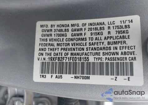 2015 Honda Civic Se из США, поврежденный, VIN 19XFB2F71FE018155